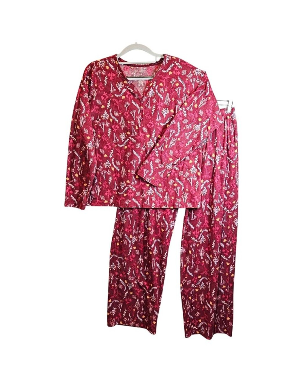 Womens L Floral Button Down Pajama Set Waffle knit Red Loungewear pocket stretch
